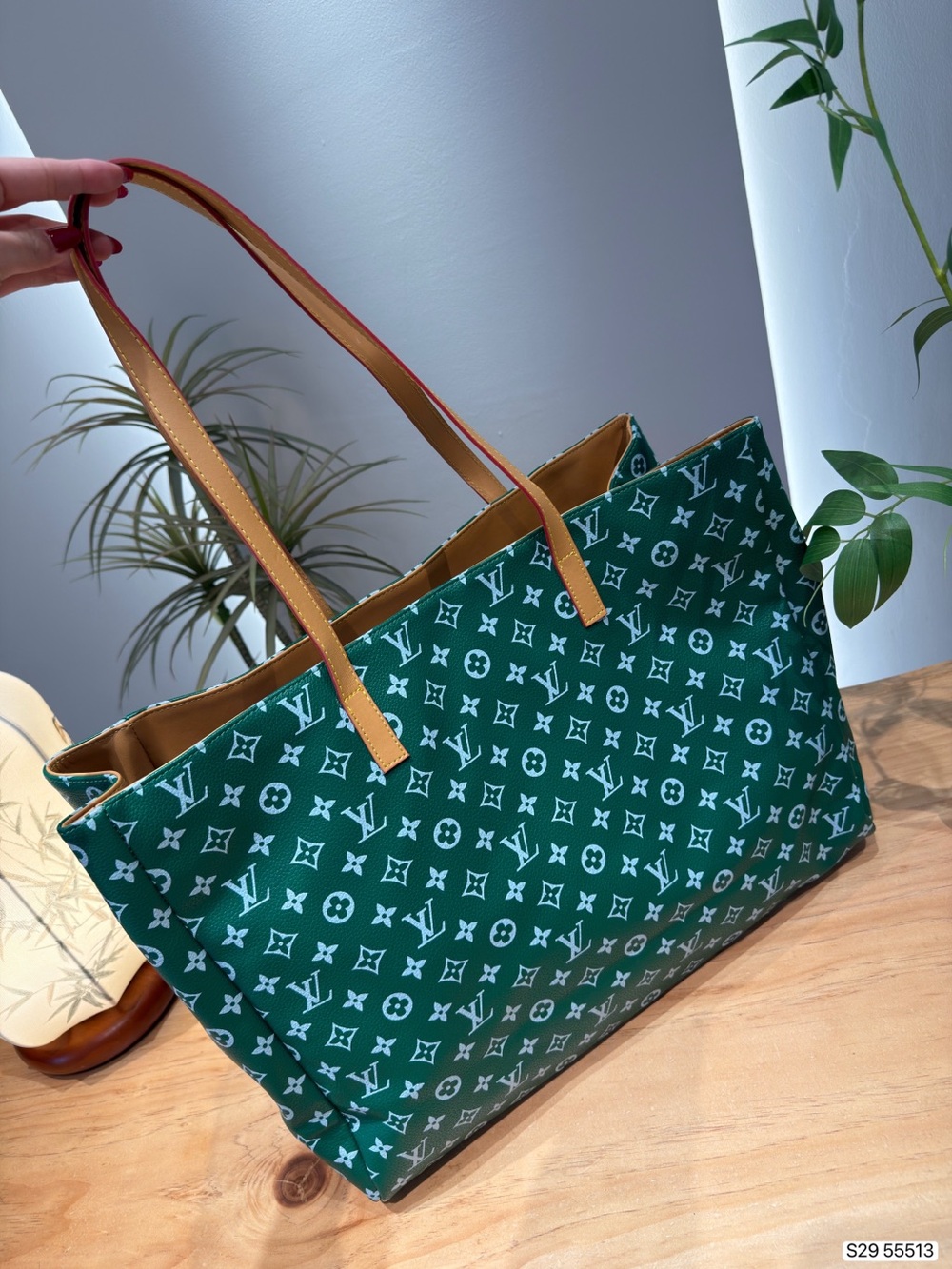 Louis Vuitton Green Monogram Canvas Tote with Tan Leather Straps